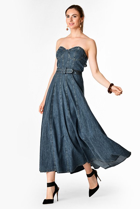 Strapless Dress Fit and Flare Midi Sundress Cotton Jersey Vintage