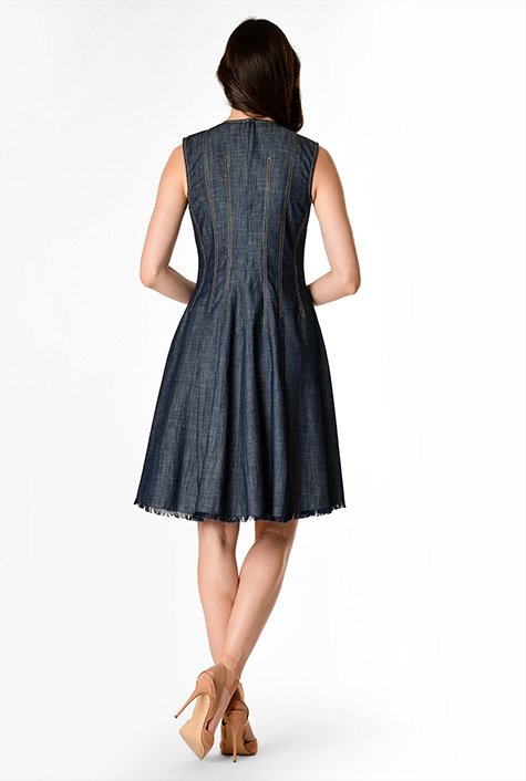 Shop Fringe hem cotton chambray A-line dress | eShakti