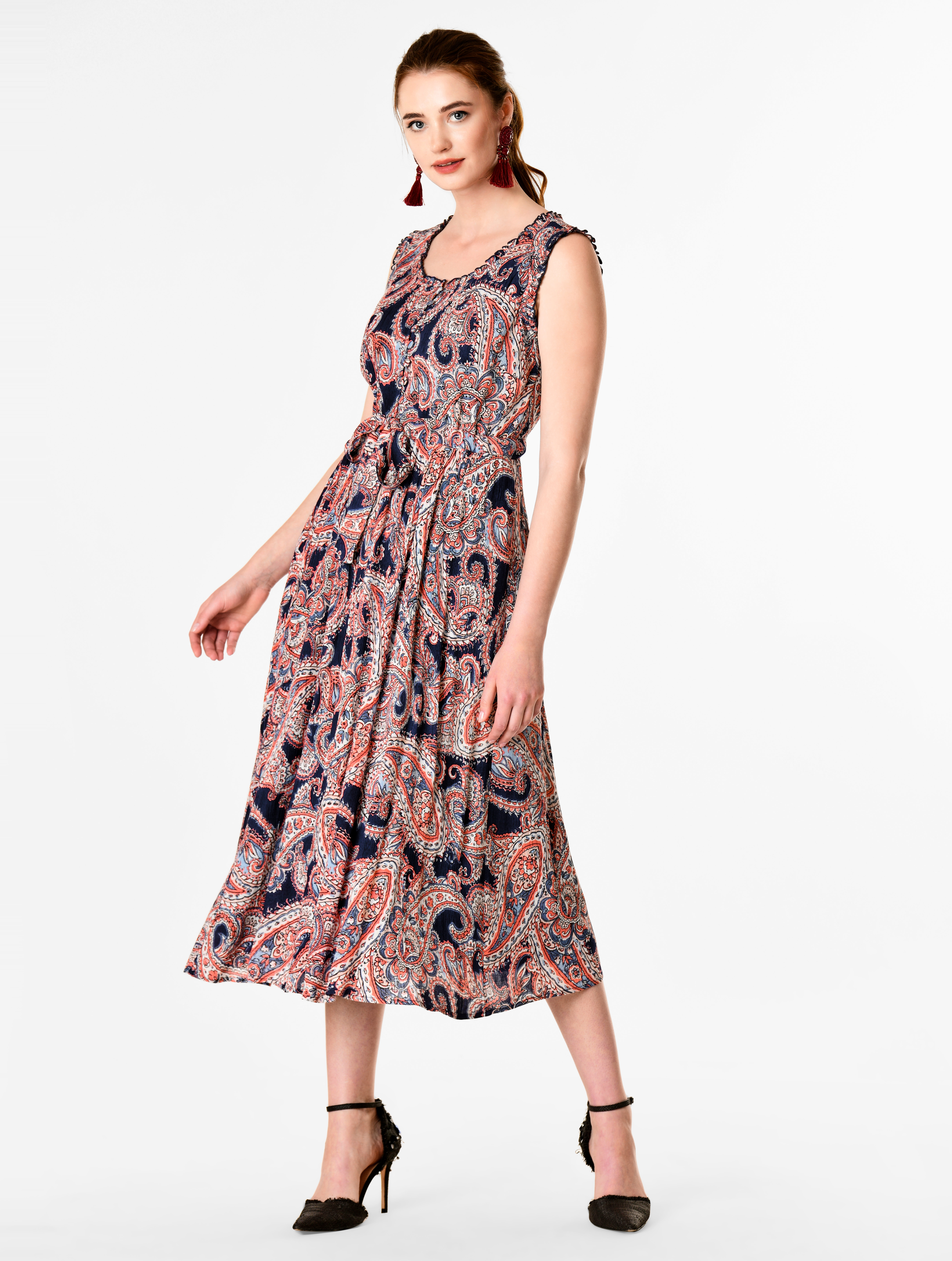 ドレス Original paisley pattern dress Shop Paisley print drawstring ties gauze dress | eShakti