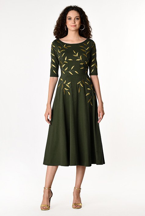 Shop Leaf embellished cotton knit dress | eShakti