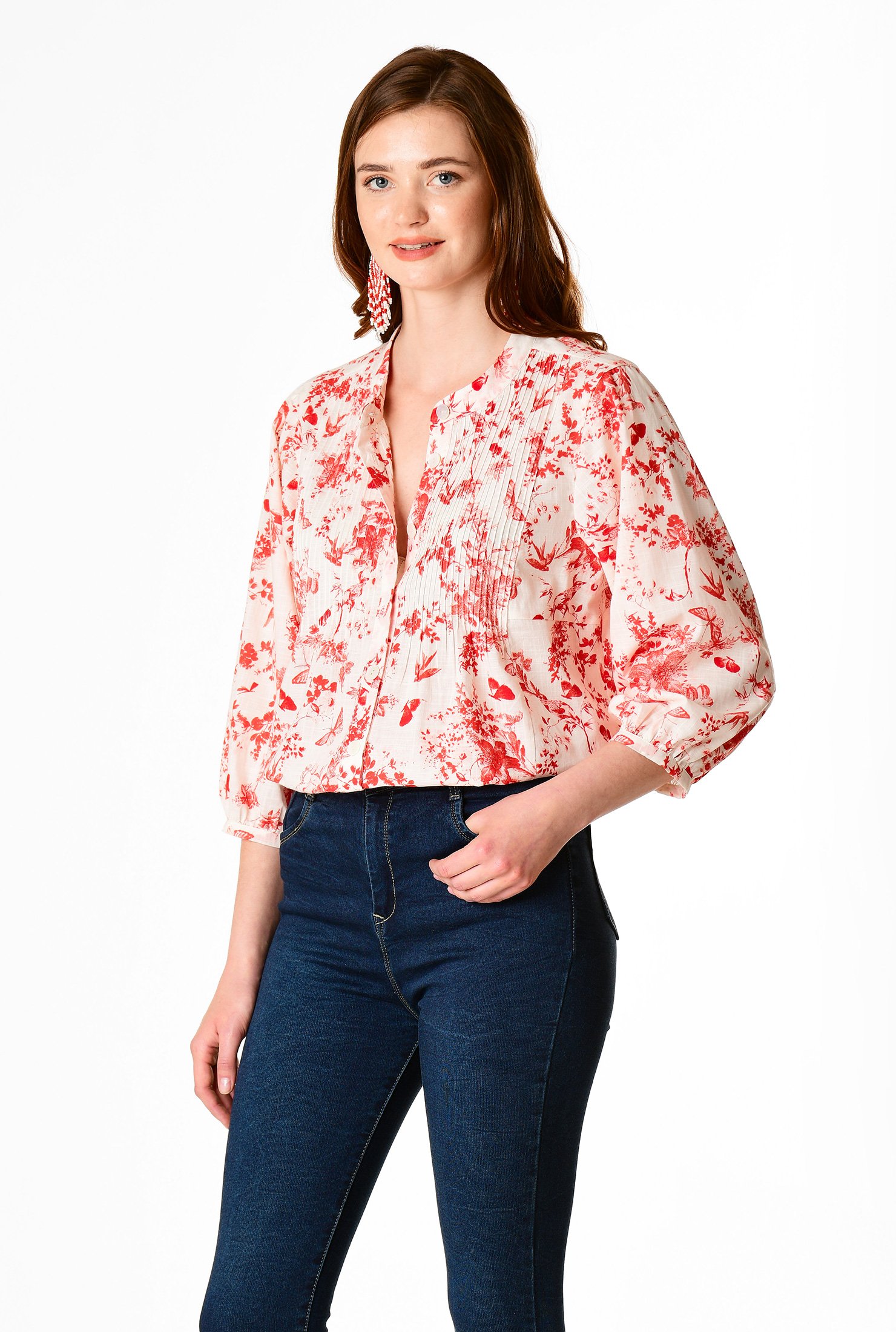 Shop Pintuck pleat floral print cotton top | eShakti