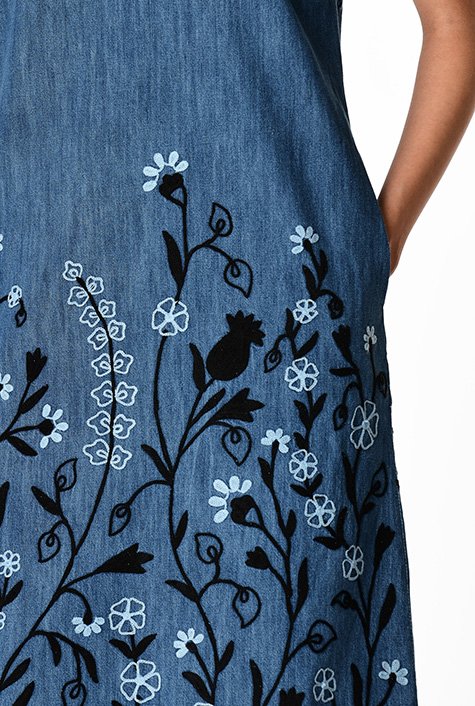 Flower Design T-Shirt Denim Dress - Dress Album