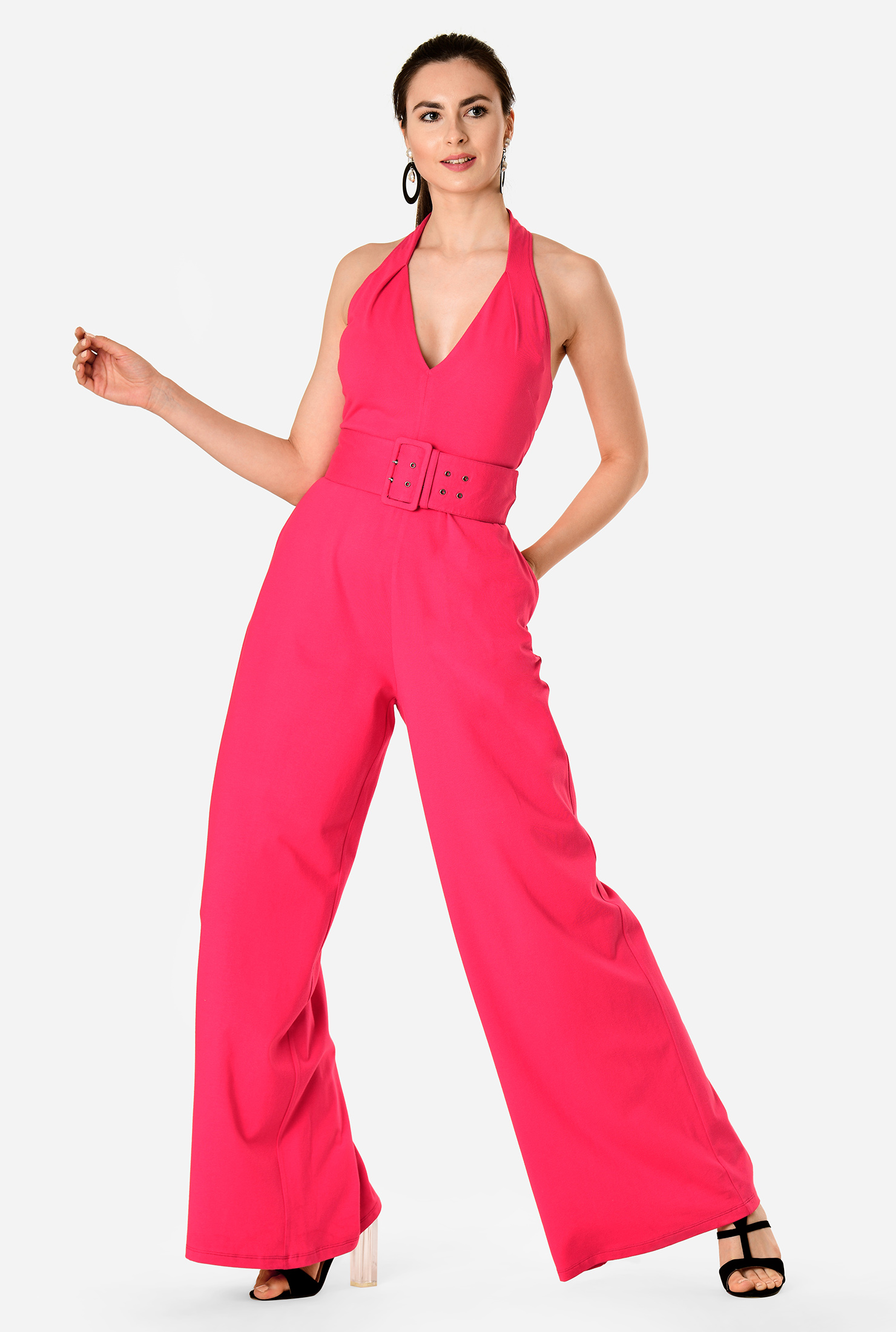 Shop Halterneck cotton knit wide belt jumpsuit eShakti