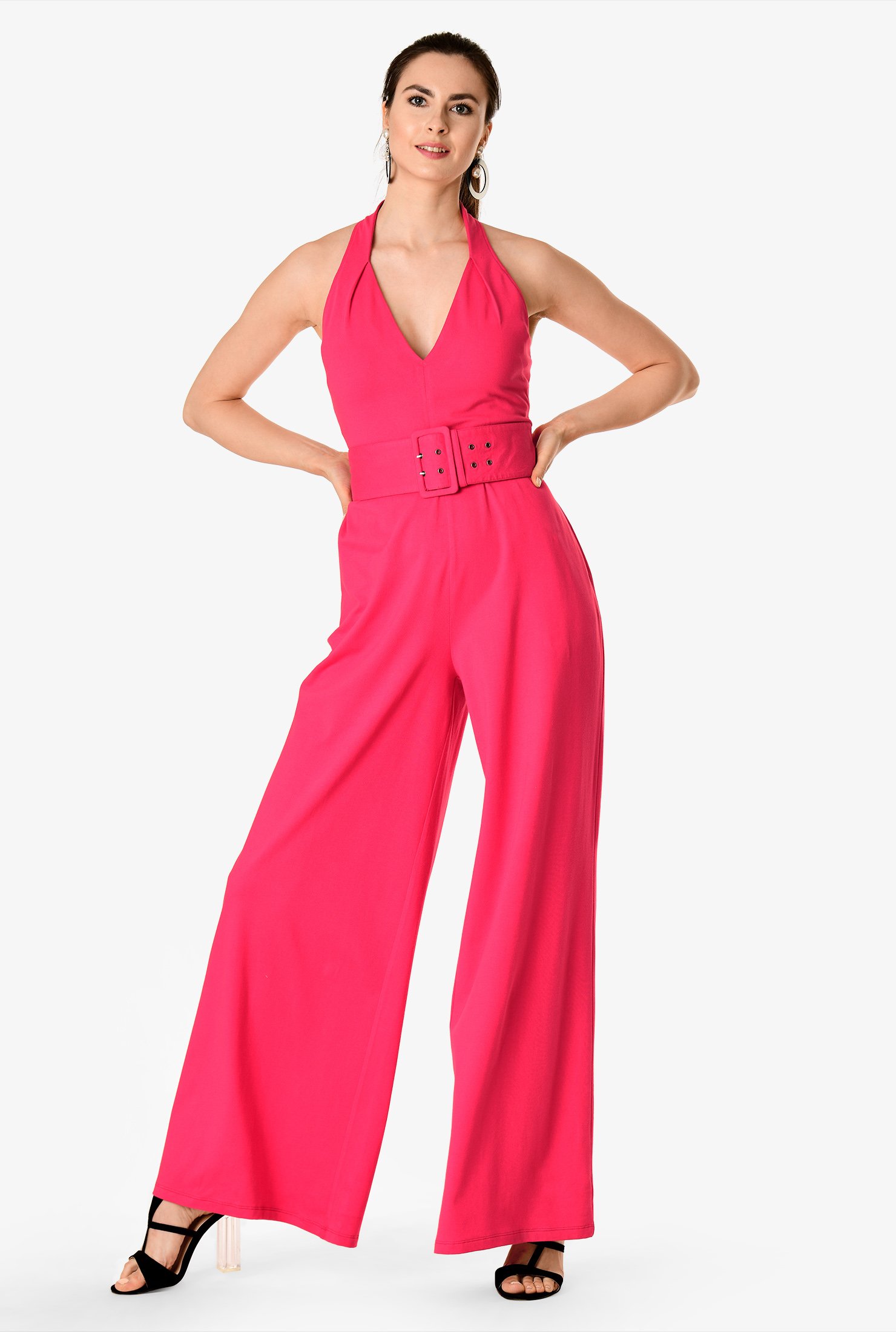 Shop Halterneck cotton knit wide belt jumpsuit | eShakti