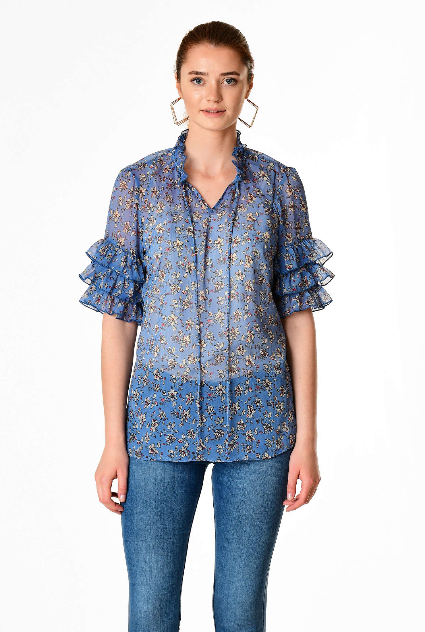 Shop Ruffle trim floral print chiffon tunic | eShakti