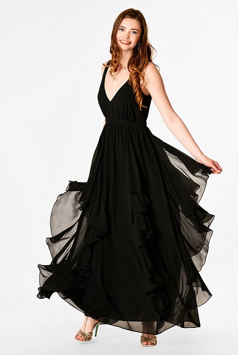 Semi Sheer Ruffled Floral Dress - Black