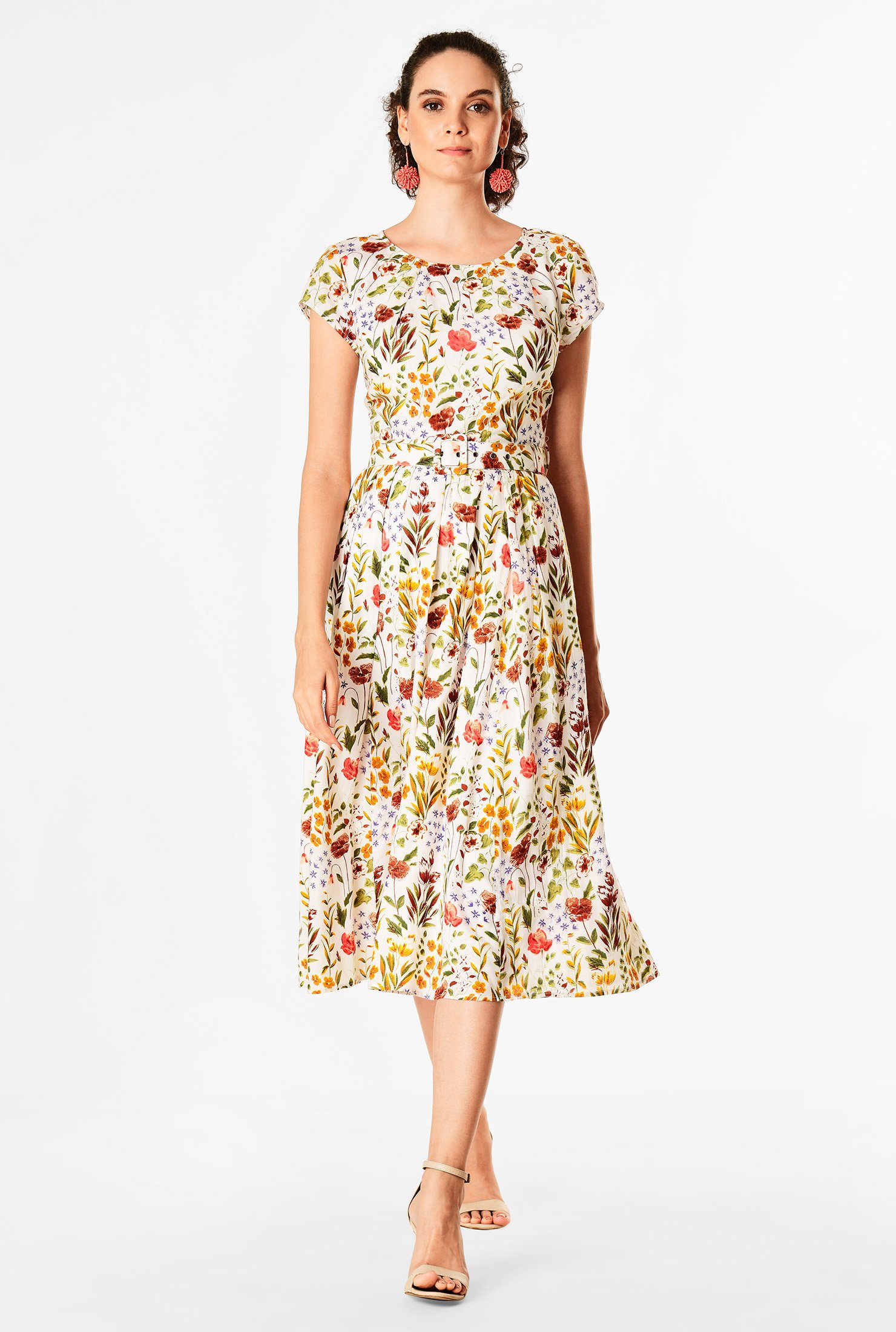 Shop Pleat neck belted floral print cotton dress | eShakti