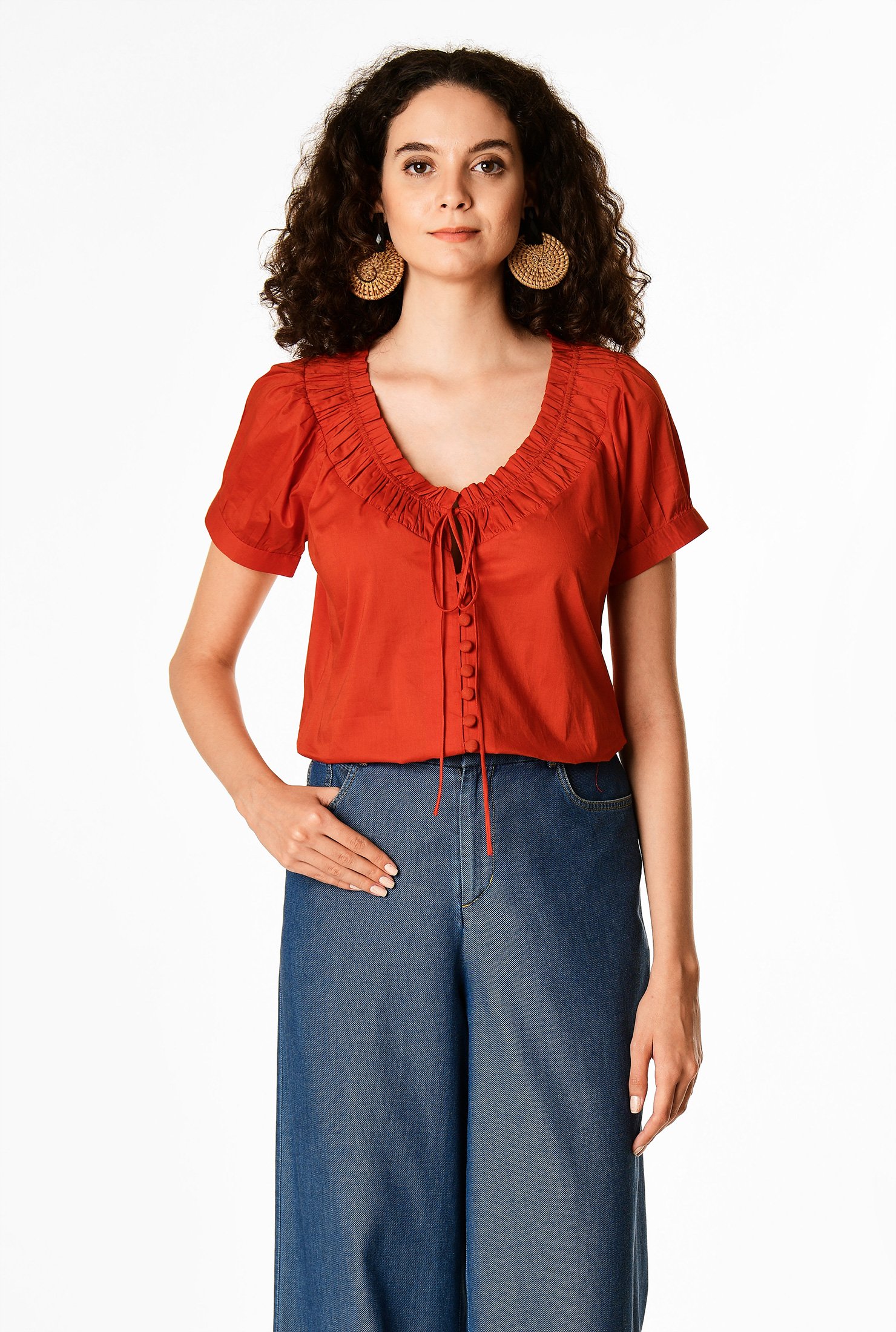 Shop Ruched tie neck cotton voile blouse | eShakti