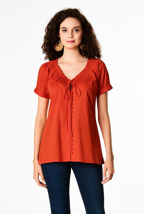 Shop Ruched tie neck cotton voile blouse | eShakti