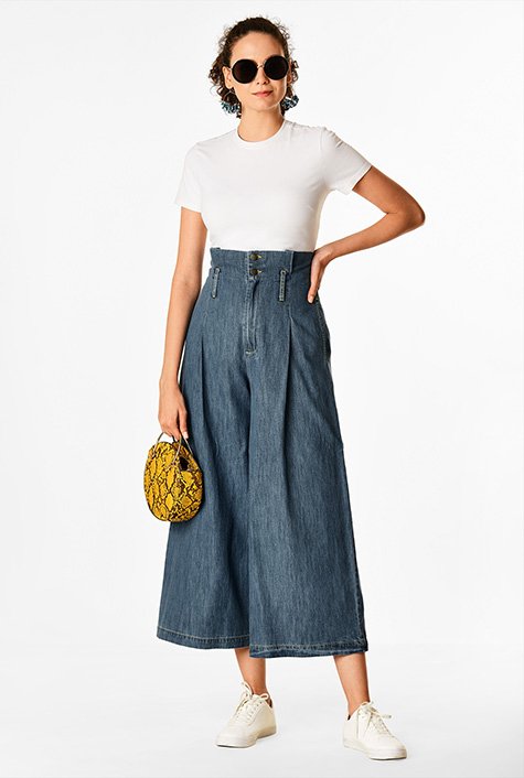 Shop Pleated paperbag waist cotton denim palazzo pants | eShakti