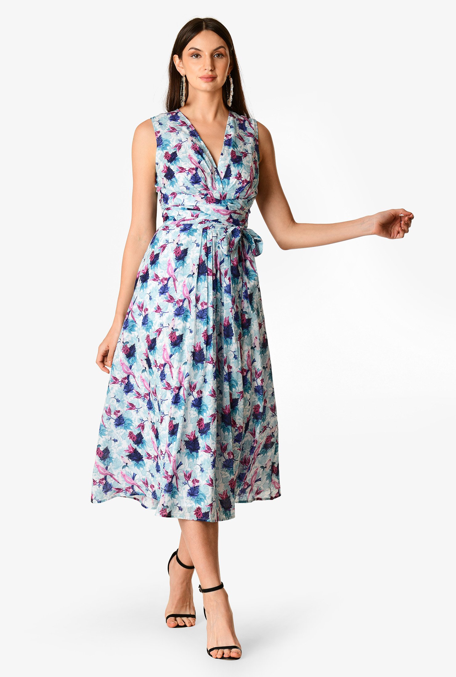 Shop Tie waist empire floral bird print voile dress | eShakti