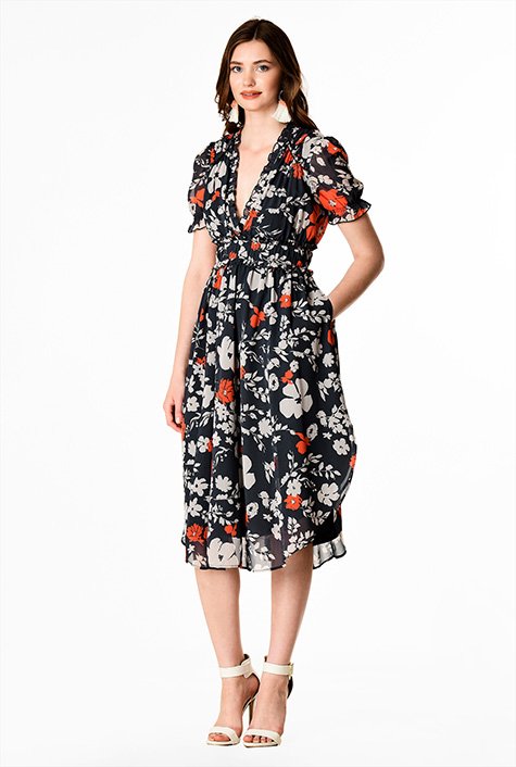 Shop Ruffle floral print georgette ruched empire dress | eShakti