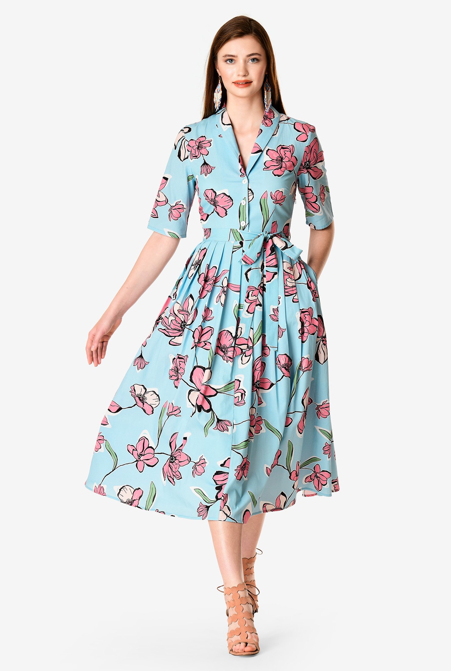 Shop Floral Print Cotton Poplin Shirtdress Eshakti 