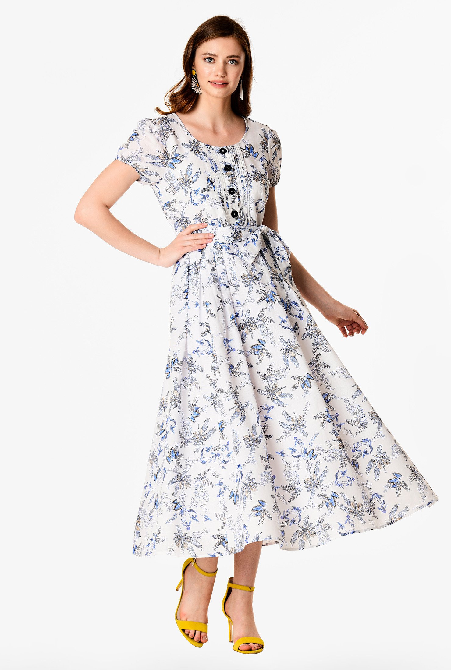 Shop Tux pleat front floral print cotton linen dress | eShakti