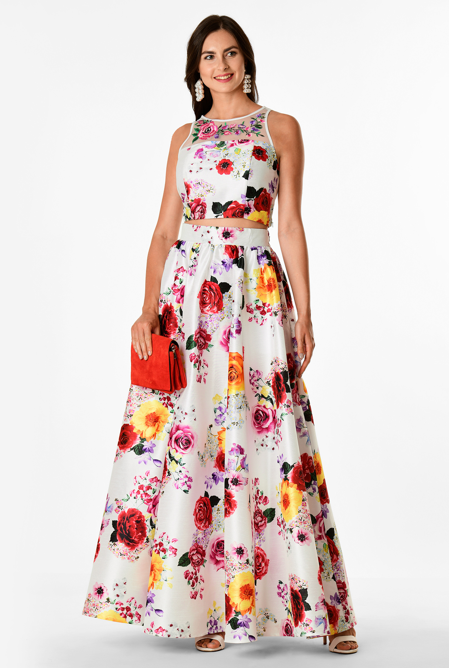 Shop Embellished illusion tulle floral print dupioni top and