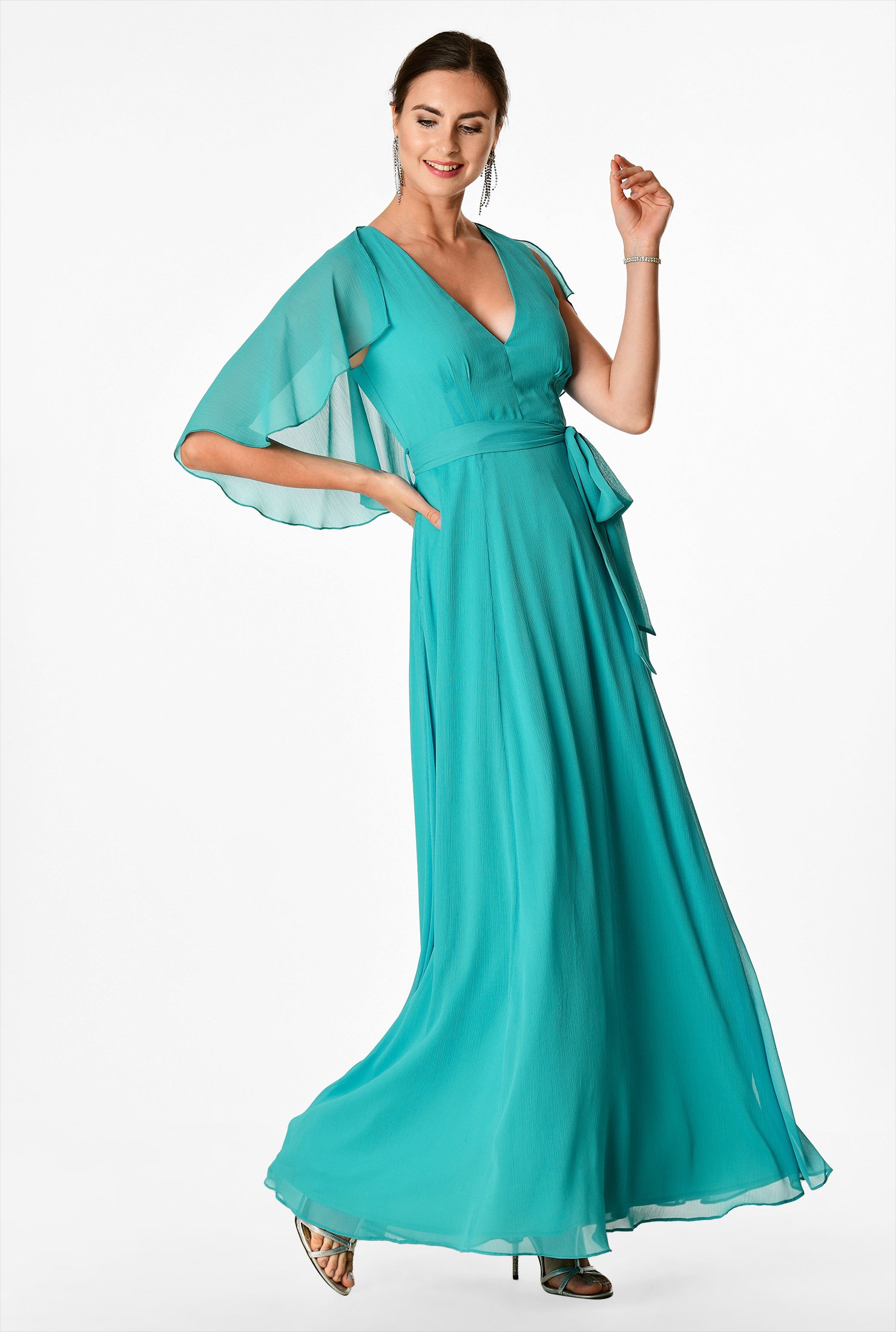 cape sleeve high slit plain chiffon maxi dress