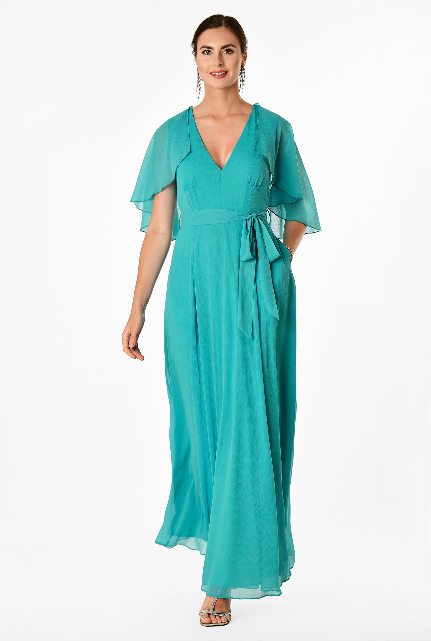 cape sleeve high slit plain chiffon maxi dress