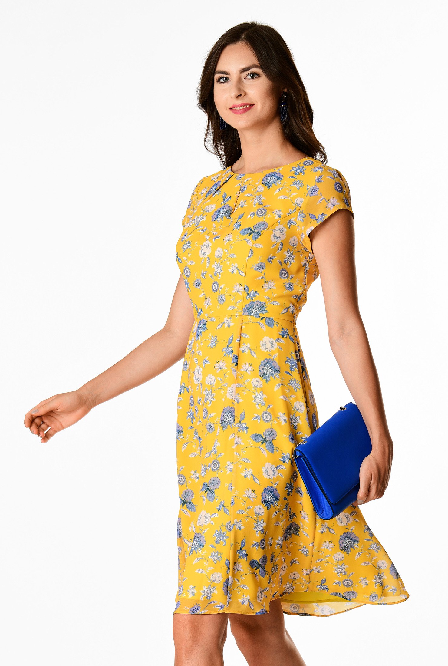 Shop Pleat neck floral print georgette dress | eShakti