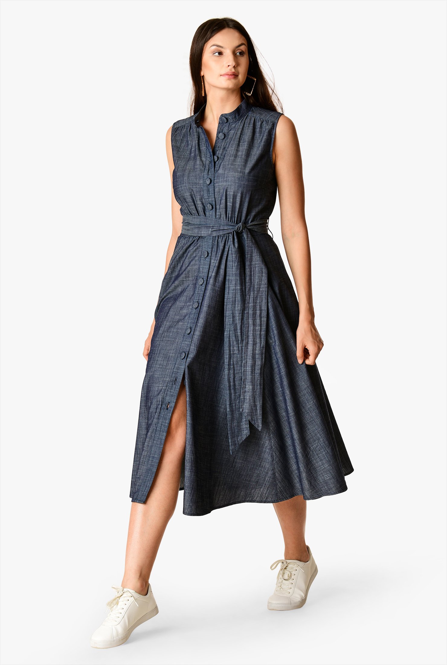 Shop Self-button Front Ruched Chambray Shirtdress | EShakti