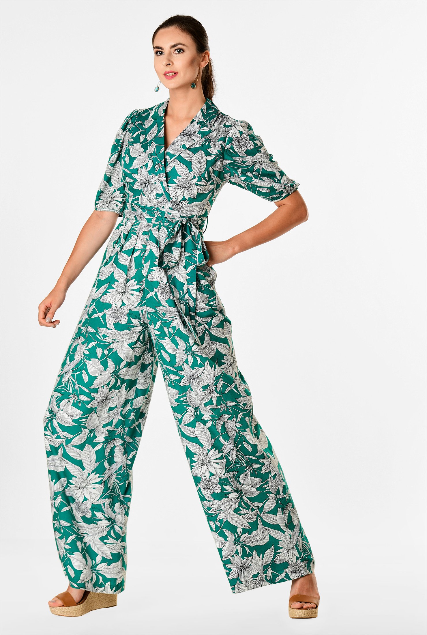 Shop Notch collar tropical floral print surplice jumpsuit | eShakti
