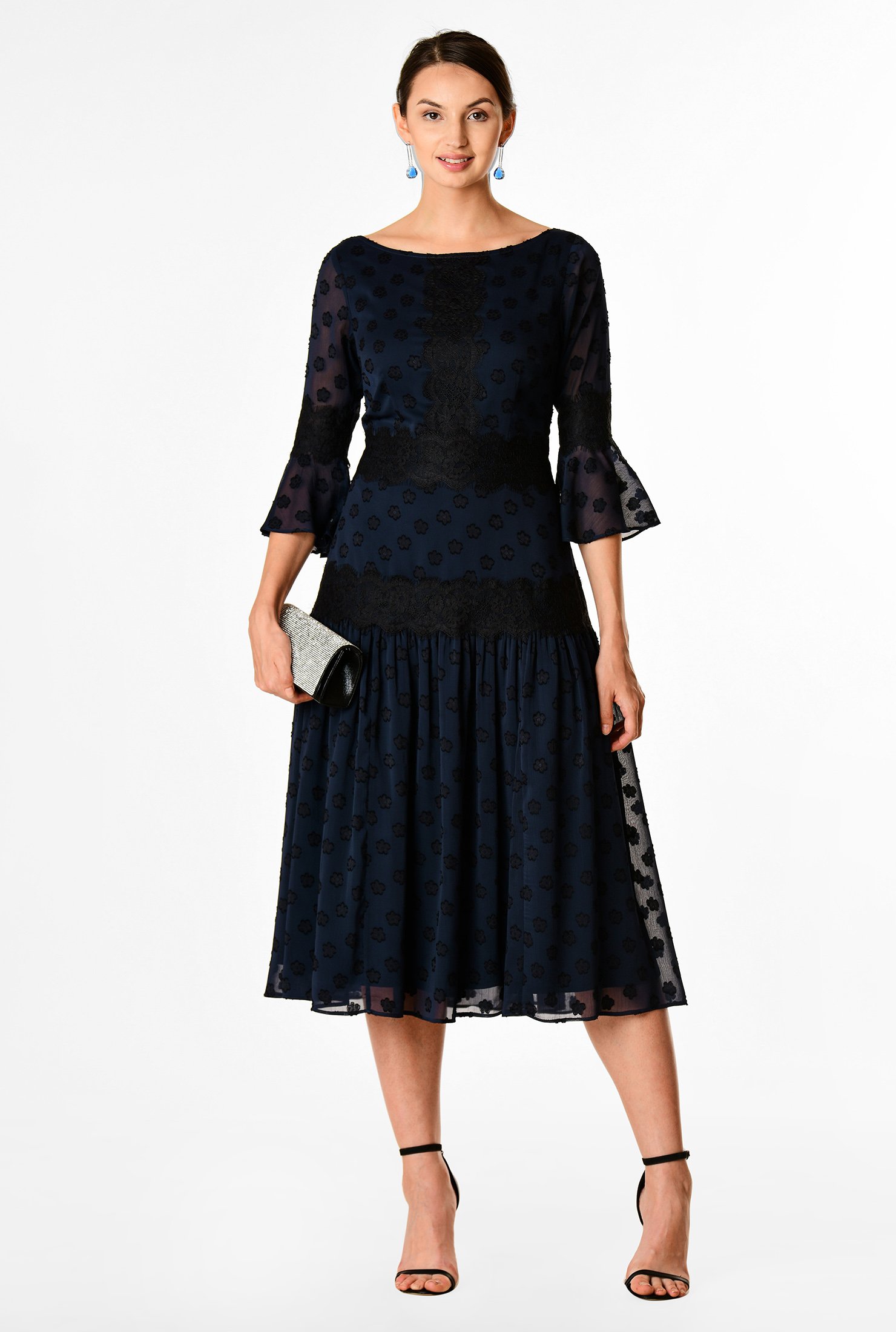 Shop Lace trim floral burnout print georgette dress | eShakti