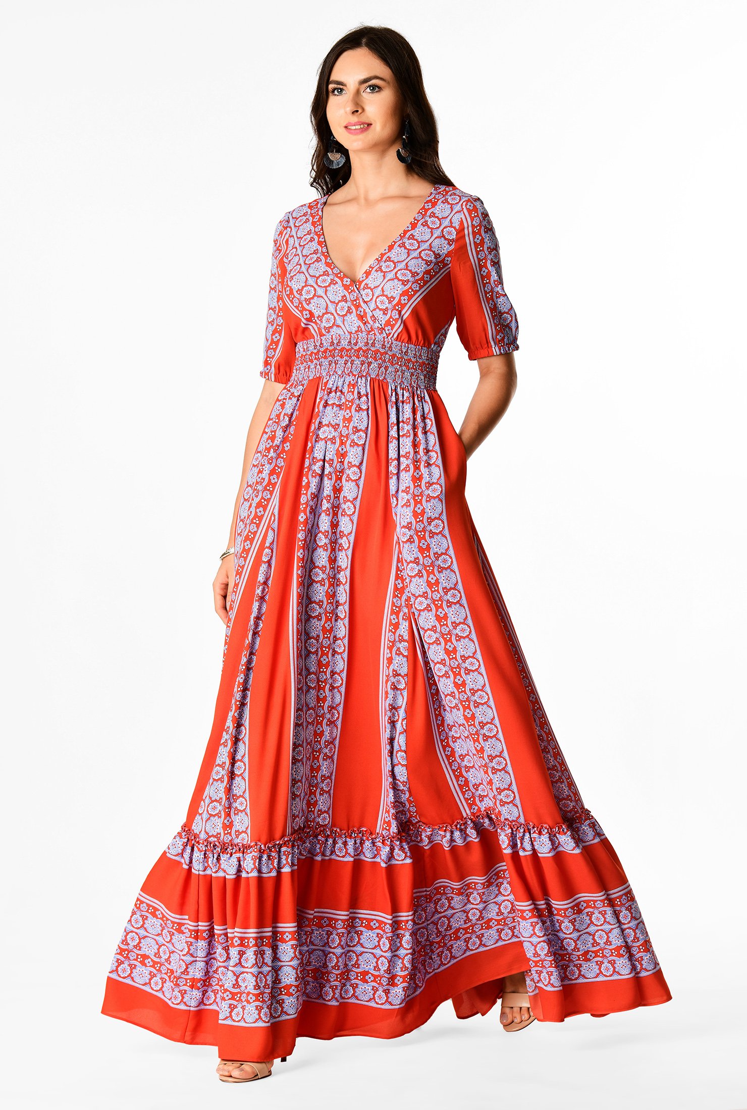Shop Linear floral print smocked waist maxi dress | eShakti