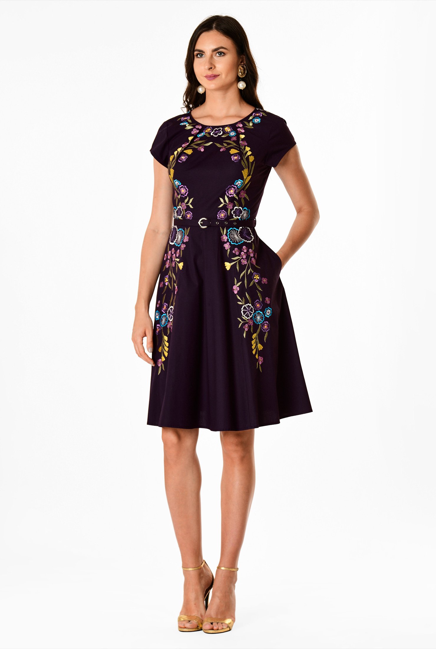 Shop Floral embroidery poplin belted dress | eShakti