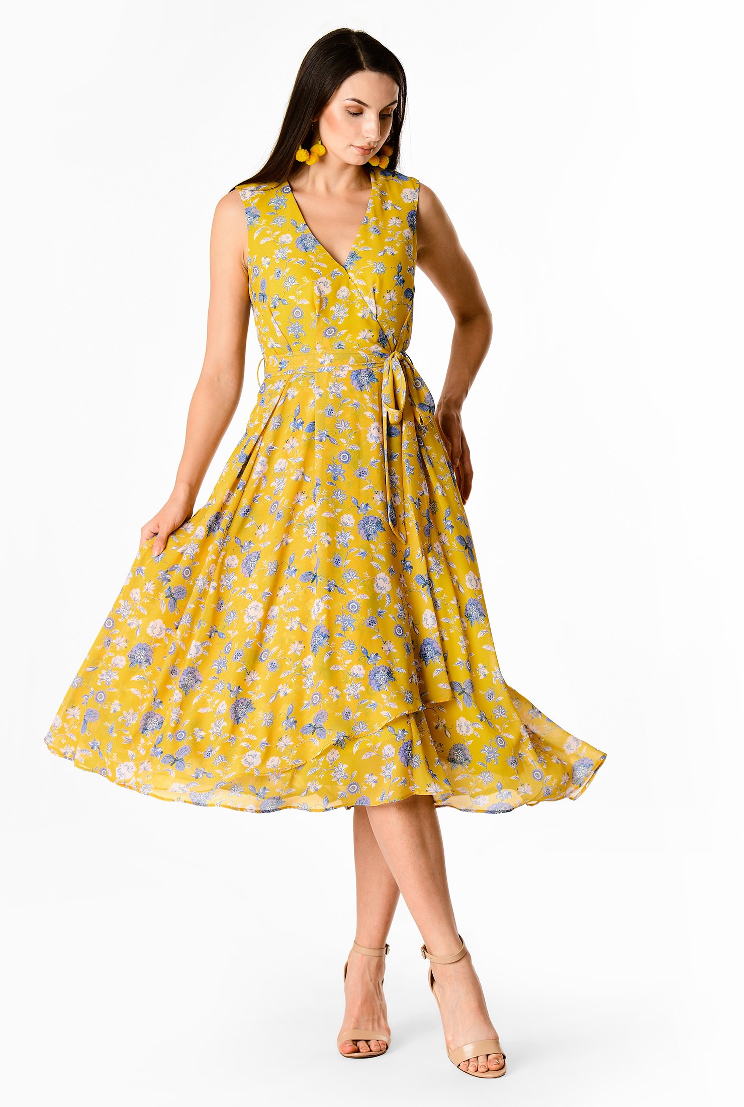 Shop Floral print georgette faux-wrap dress | eShakti