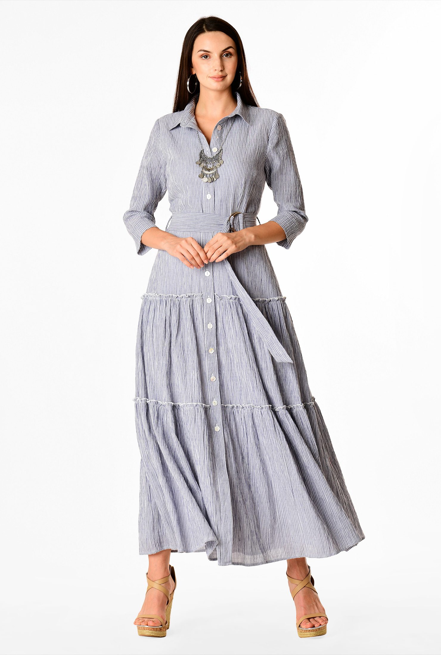 Shop Stripe cotton gauze tier maxi shirtdress eShakti