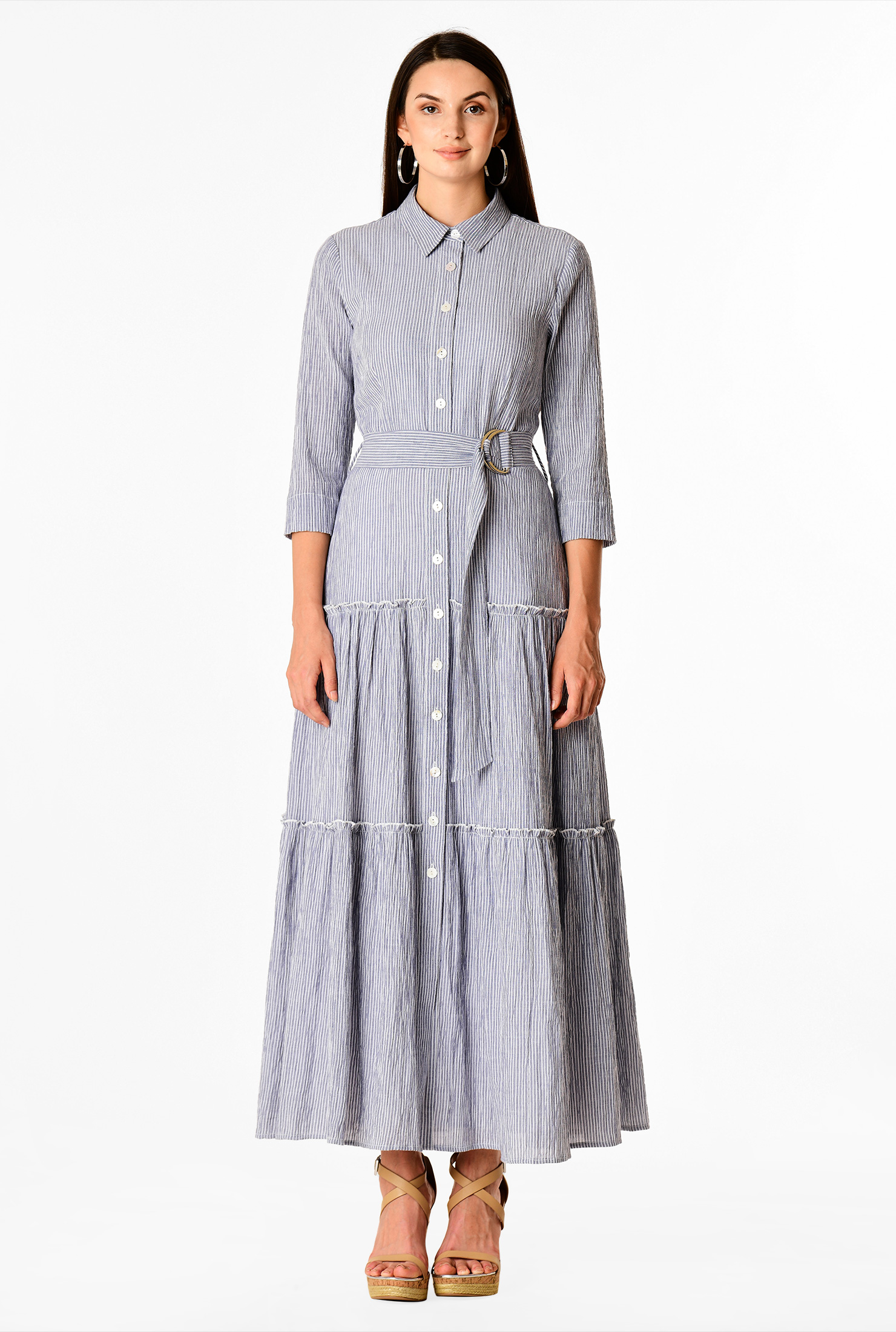 Shop Stripe cotton gauze tier maxi shirtdress eShakti