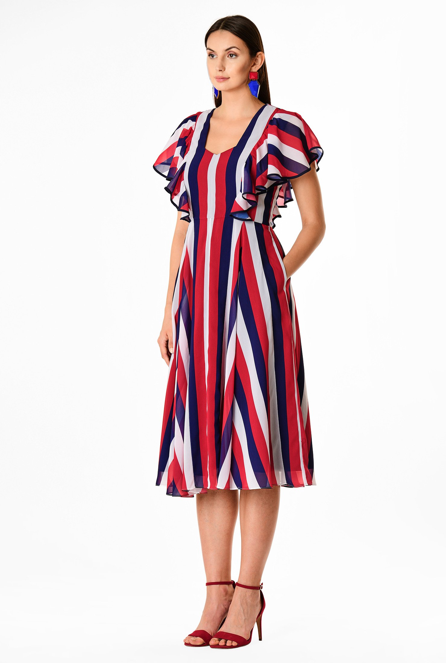 Shop Ruffle sleeve stripe print georgette dress | eShakti