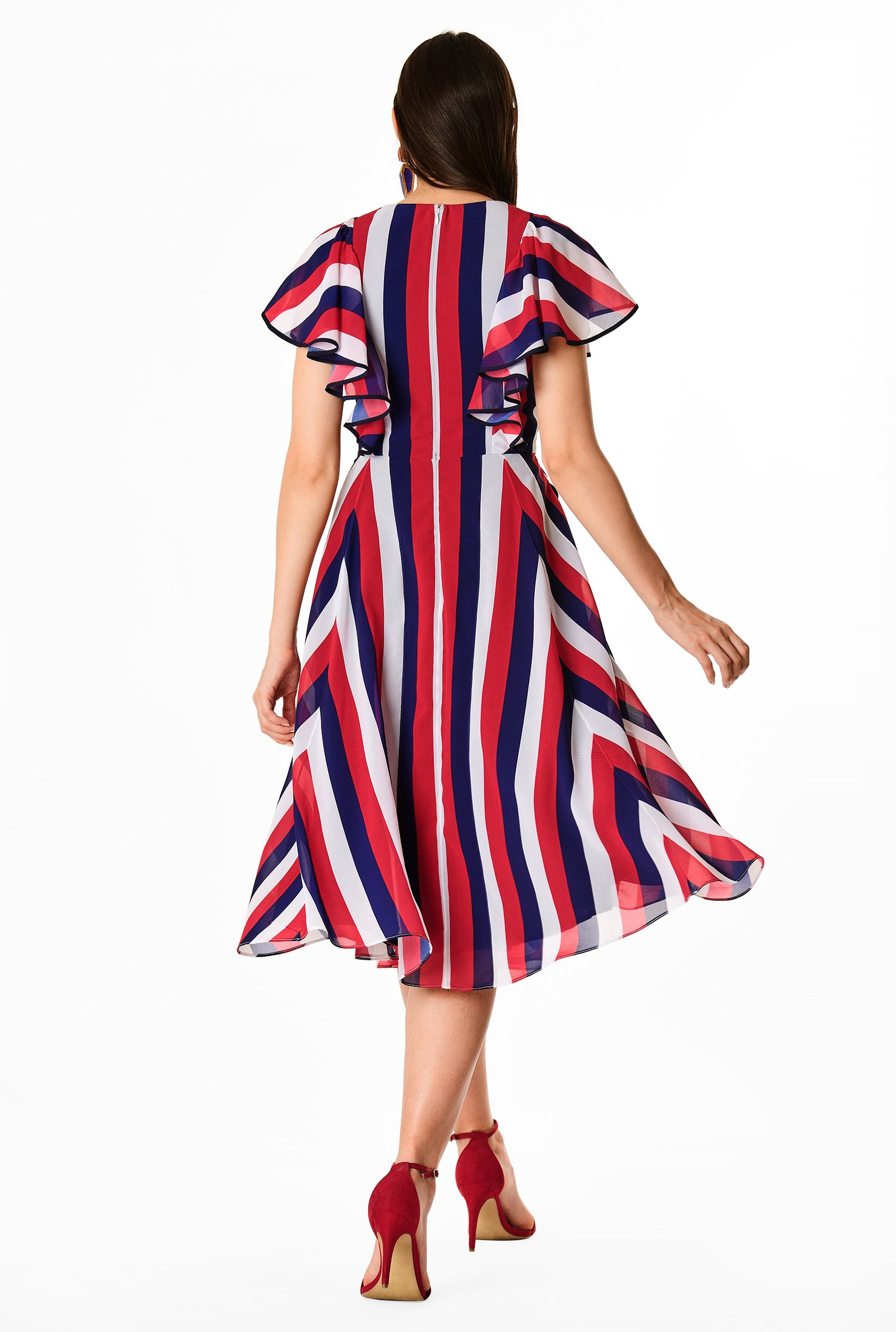 Shop Ruffle sleeve stripe print georgette dress | eShakti