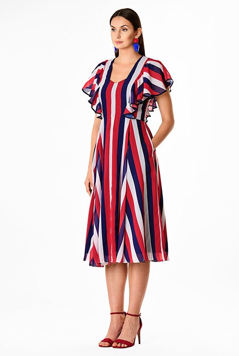 Shop Ruffle sleeve stripe print georgette dress | eShakti