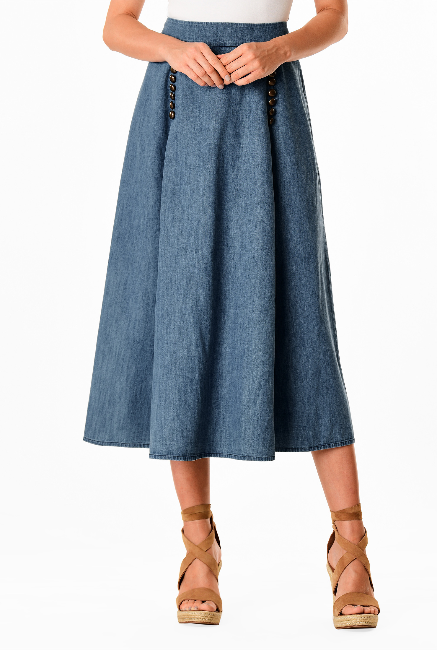 Shop Pleat button front cotton denim midi skirt eShakti