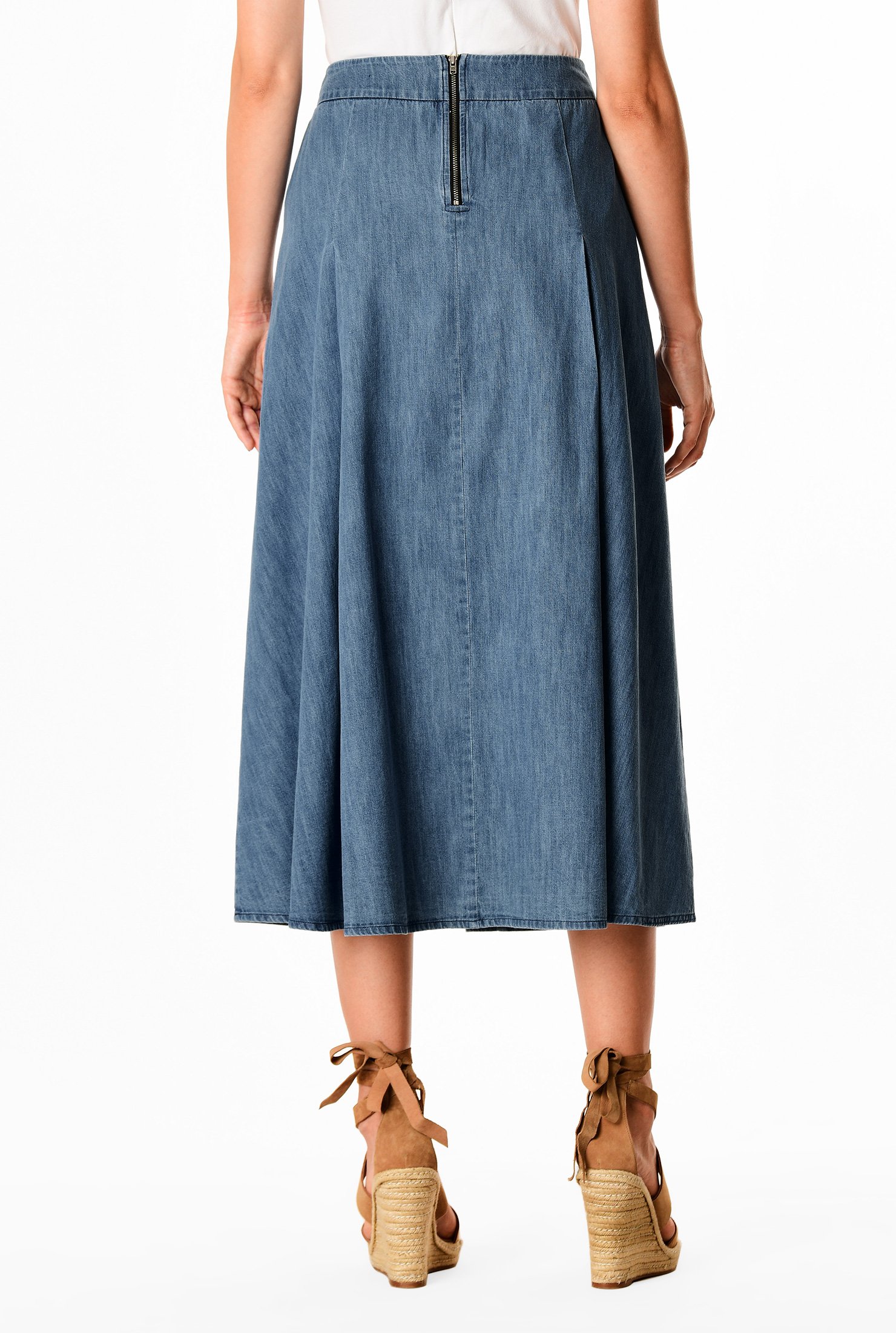 Shop Pleat button front cotton denim midi skirt | eShakti