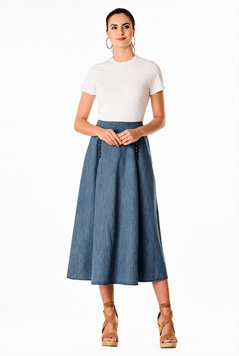 Shop Pleat button front cotton denim midi skirt | eShakti