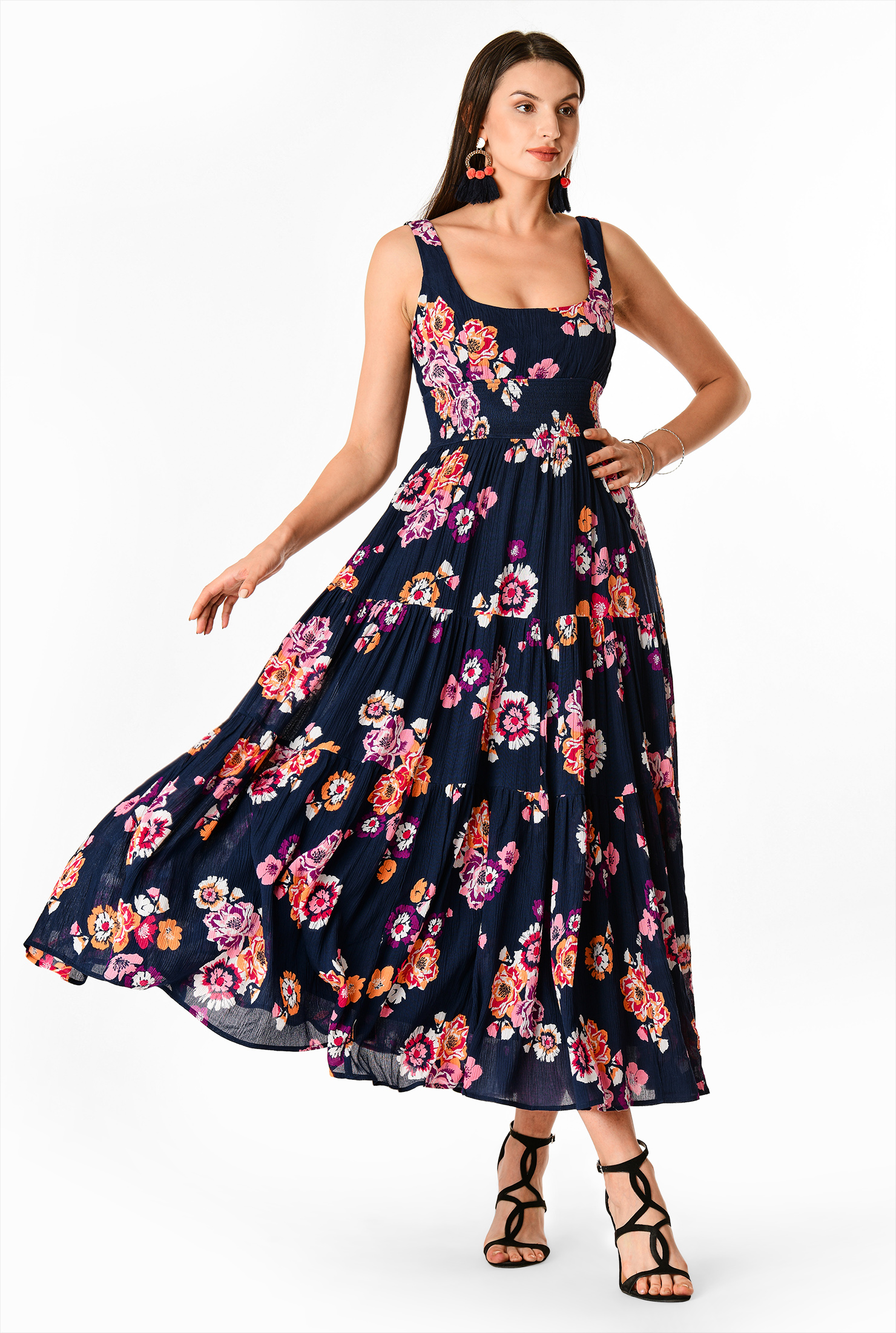 Shop Ruched tier floral print cotton gauze dress eShakti