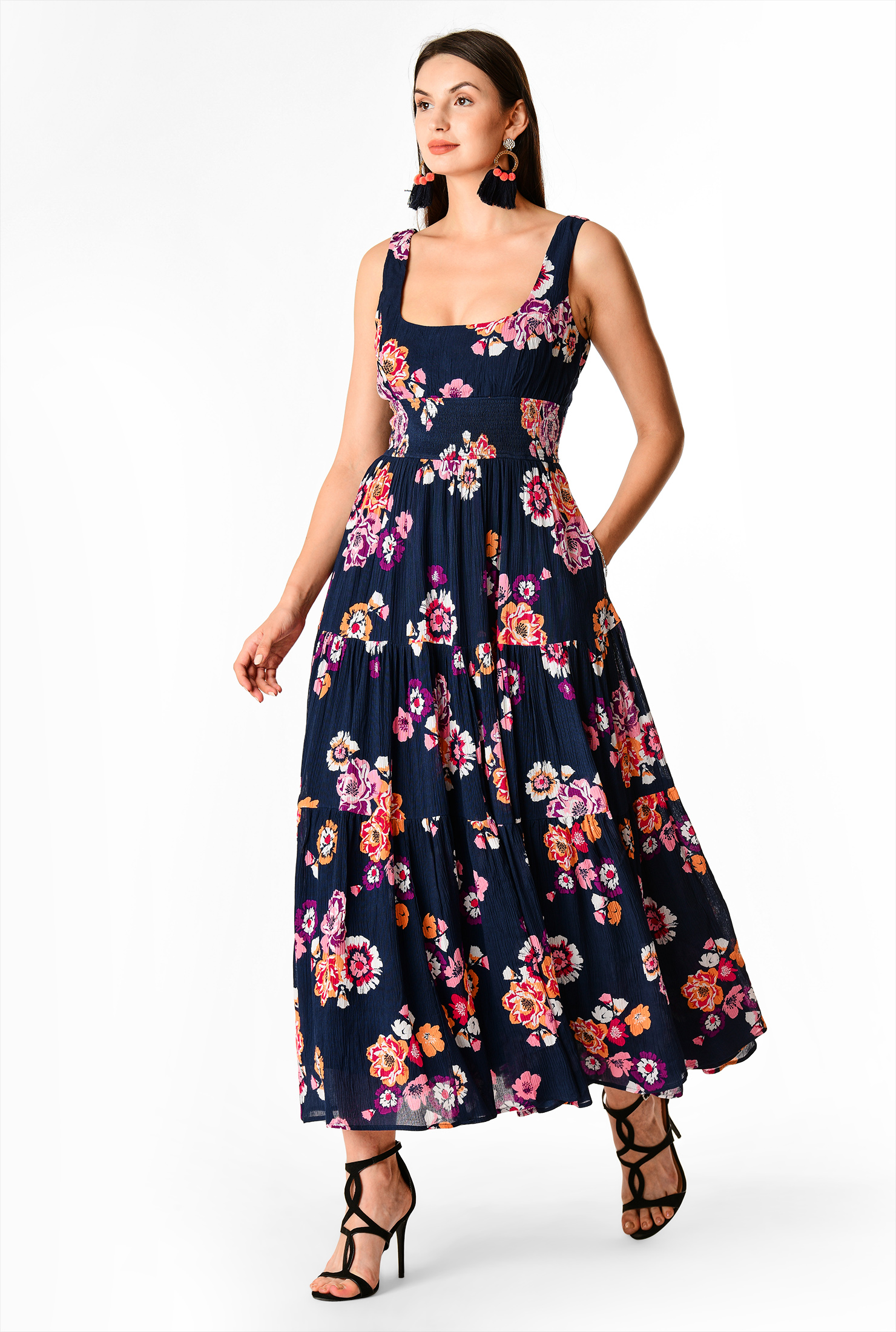 Shop Ruched tier floral print cotton gauze dress eShakti