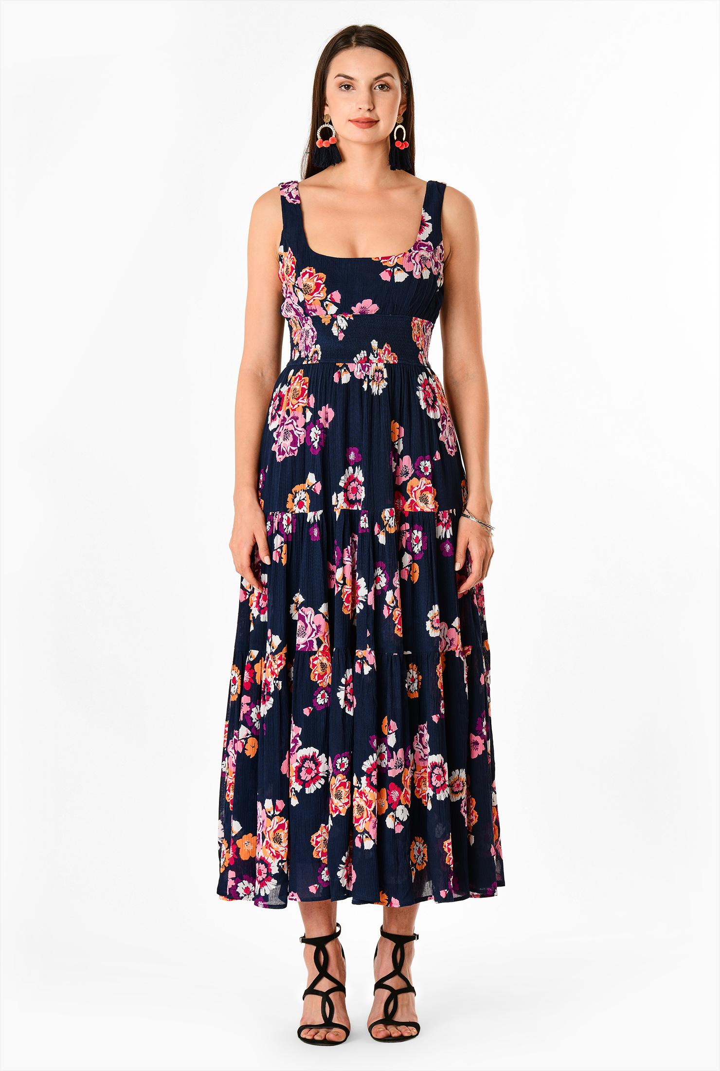 Shop Ruched tier floral print cotton gauze dress eShakti