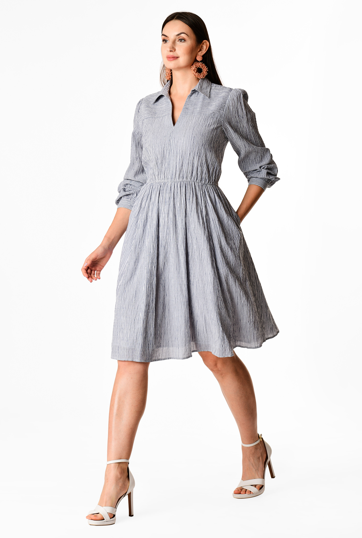 Shop Elastic waist stripe cotton gauze blouson dress eShakti