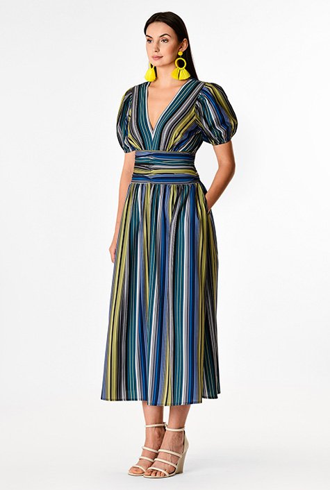 Shop Stripe print crepe pleat waist dress | eShakti
