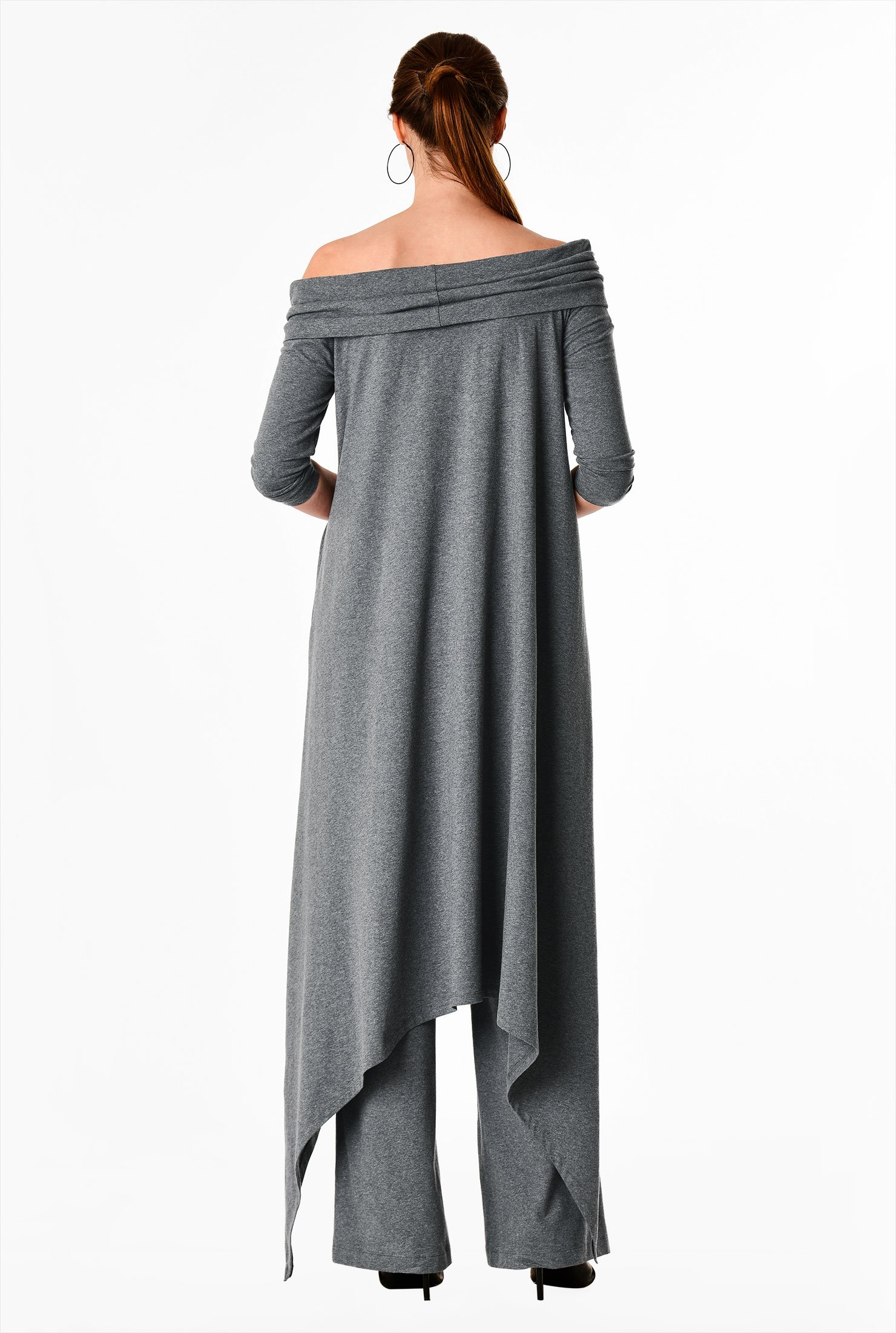 Shop Off The Shoulder Asymmetric Hem Cotton Knit Tunic And Pants Set Eshakti