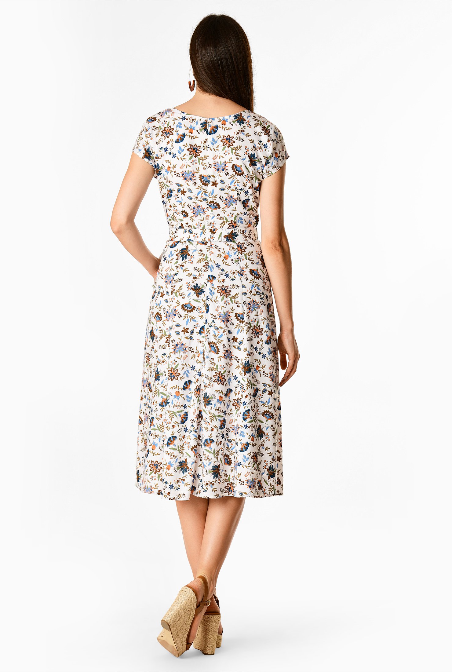 Shop Pleat neck belted floral print dress | eShakti