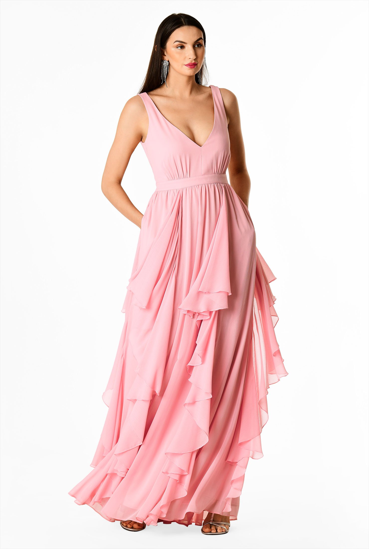 Shop Ruffle Cascade Chiffon Maxi Dress Eshakti