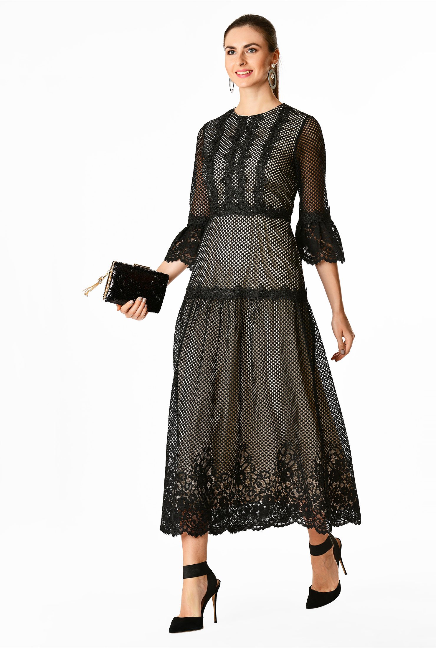 Shop Contrast trim floral mesh lace dress | eShakti