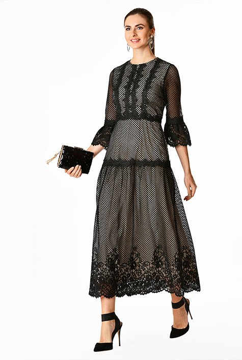 Shop Contrast trim floral mesh lace dress