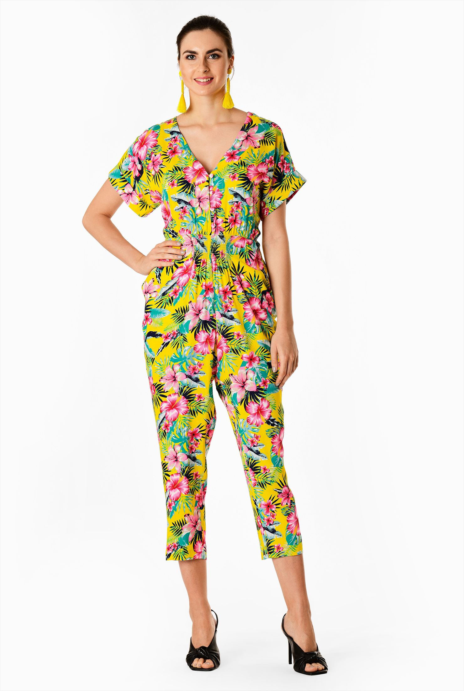 Shop Tropical floral print crop jumpsuit eShakti