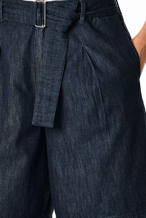 Wide-leg cotton denim belted shorts