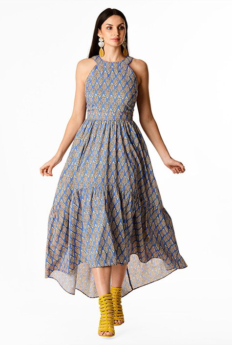 Shop Leaf print cotton high low dress eShakti