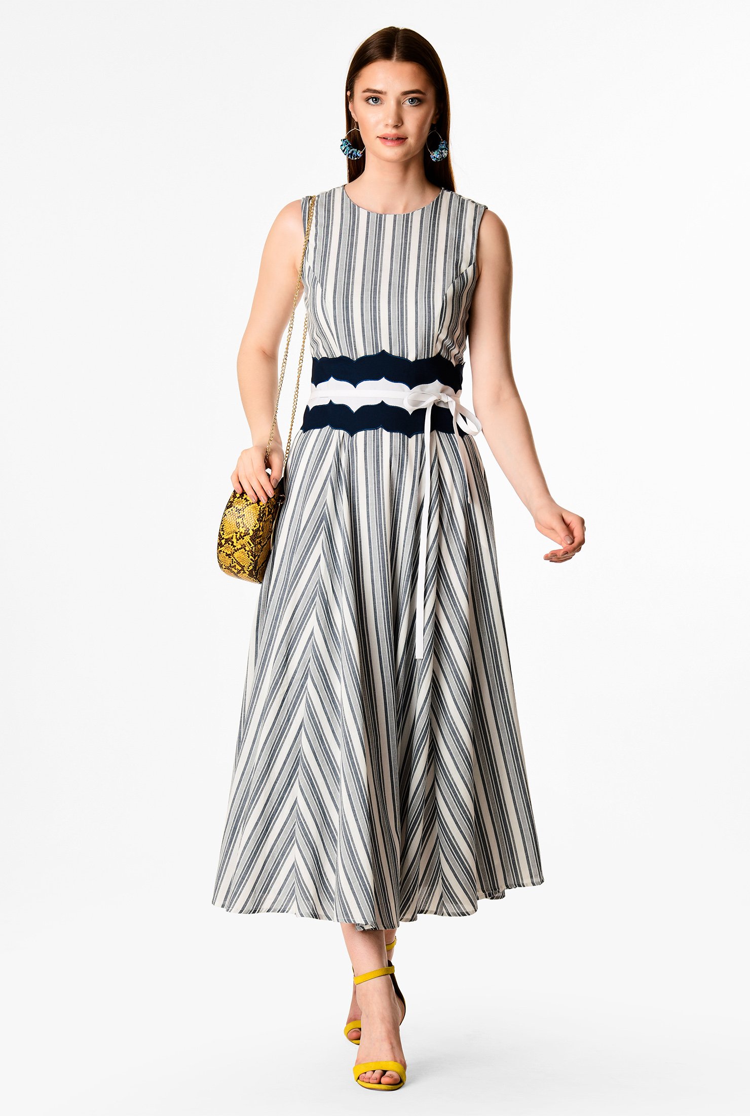 Shop Stripe cotton scallop embellished waist dress | eShakti